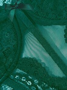 Viva Relle Plus Size Sexy Everyday Wear Underwire Fishbone Lace Mesh Patchwork Bow Camisole - Dark Green - View 7