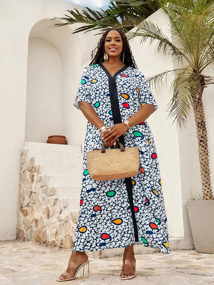 Plus Size Women Casual Cashew Print V-Neck Short Sleeve Dress, Summer Summer Dress Summer Outfits For Women Spring Clothing Spring Outfit Beach Outfits For Women Vacation Outfits Women Summer Holiday Outfits Country Style For Women Festival Outfits For Women Casual Dresses For Women Country Dress Mothers Day Outfit Zanea Dress For Woman Long Dress