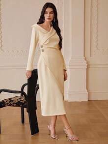 ZEYLAH Elegant Party Asymmetric Collar Cinched Waist Draped Midi Dress, Autumn/Winter - Light Yellow - View 6
