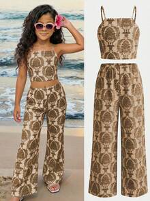 Sparklyn Bộ đồ đi nghỉ mát phong cách Bohemian cho bé gái: Áo hai dây họa tiết hoa totem và quần ống rộng dáng suông kèm áo vest dệt kim. - màu nâu - Xem 4