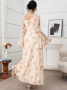Feyla Plus Size Women Floral Print Sweetheart Neck Flare Sleeve Elegant Dress Formal Wedding Guest Pink Autumn Fall - Multicolor - View 8