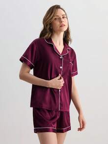 Hourtrue Conjunto de pijama cómodo con ribete de bloques de color, ropa de otoño invierno para verano - Burdeos - Ver 7