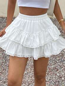 DAZY Women's Solid Color A-Line Umbrella Skirt, Contrast Lace Ruffle Hem Casual Holiday Skirt, Summer - White - View 4