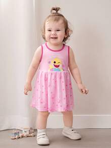 BABY SHARK X SHEIN Đầm không tay cổ tròn in hình cá mập hoạt hình cho bé gái, dễ thương. - Hồng - Xem 3