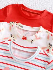 SHEIN Vintaside Kids 6件套女婴幼儿新生儿0-3岁春夏新款可爱兔子纯色条纹T恤短裤套装 - 紅色 - 查看 6