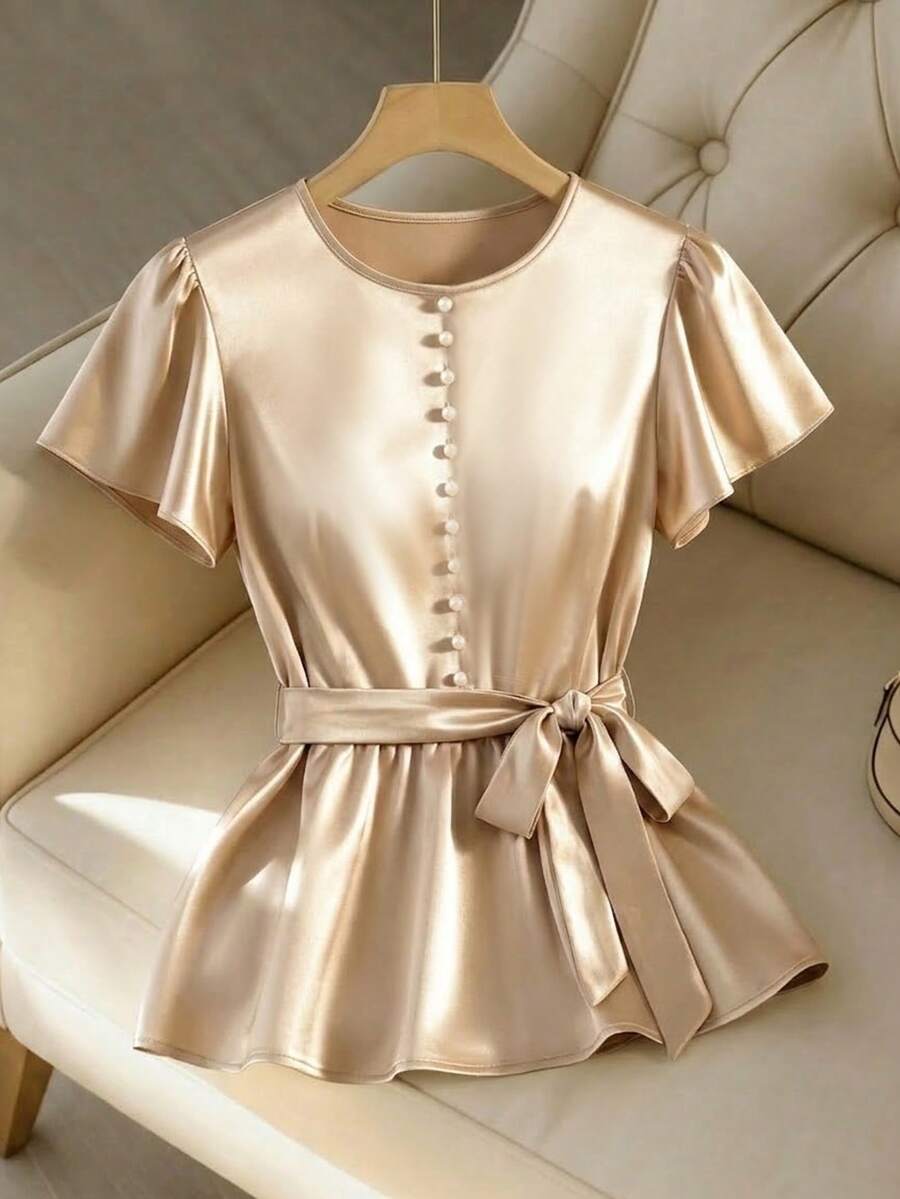 Selianne Women's Elegant Sexy Delicate Shiny Solid White Short Sleeve T-Shirt, Versatile For Spring/Summer Golf - Champagne - View 1