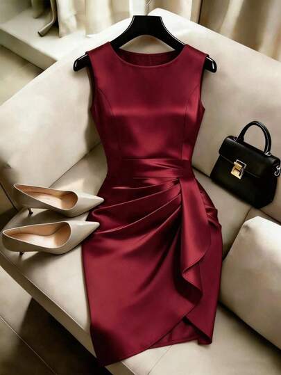 Franclia Women's French-Style Elegant Woven Satin Fabric, Burgundy Solid Color, Round Neck, Sleeveless Style, Summer Dress, Women's Summer Outfit, Valentine's Day, Valentine's Day Dress, Women's Party Dress, Elegant Party Dress, Wedding Guest Dress, Party, Wedding And Event, Women's Elegant Dress, New Summer Women's Dress