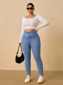 SHEIN Tall CURVE Plus Size Casual Washed High Waist Slim Fit Jeans - Light Wash - View 1