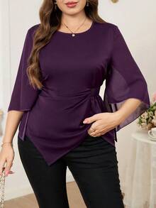 大码女式纯色圆领褶皱休闲百搭日常上衣 - 紫色 - 查看 4