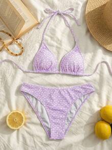 Swim Vcay Women's Summer New Arrival Fresh Purple Floral All-Over Print Sexy Triangle Cup Bikini Set - Purple - View 3