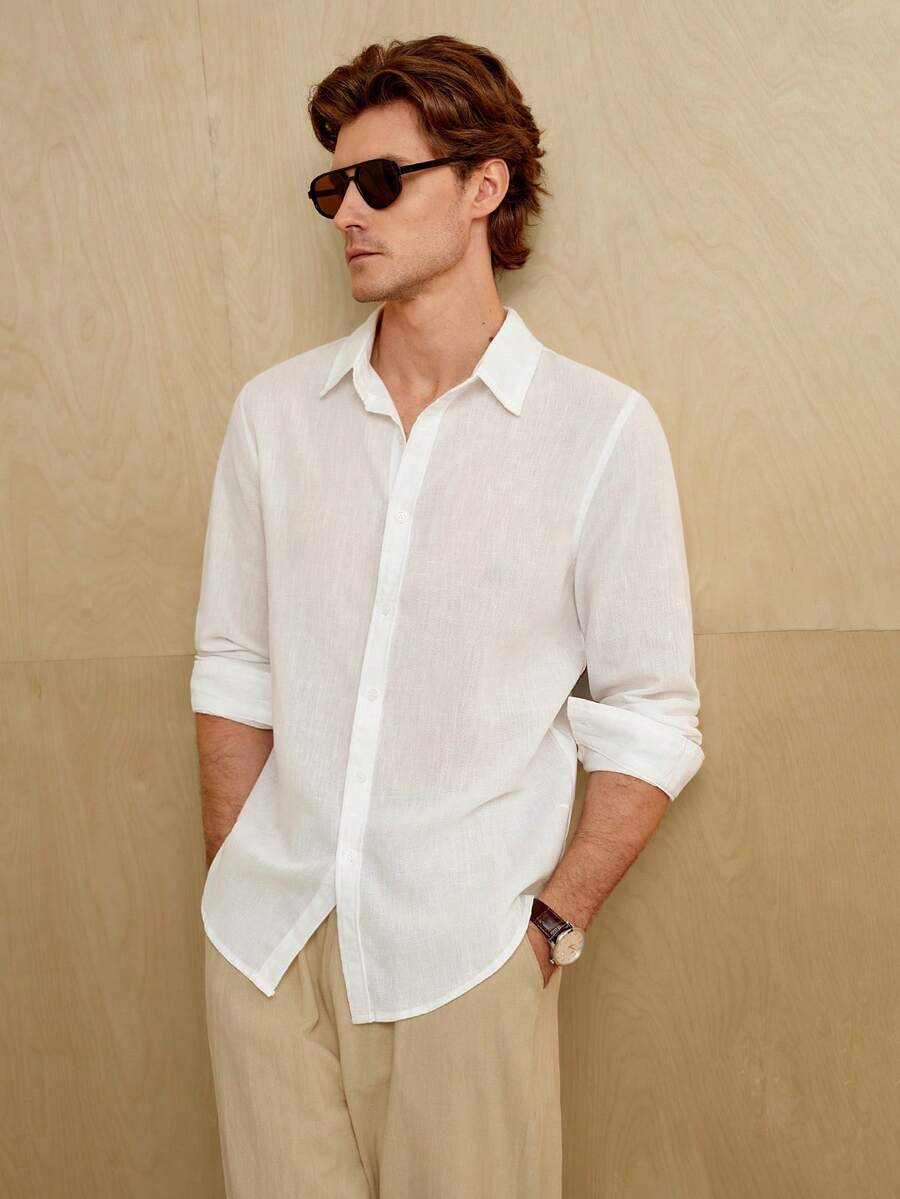 MENRIVO Men White Linen Casual Solid Color Plain Front Button Long Sleeve Collar Shirt,For Going Out, For Fall - White - View 1