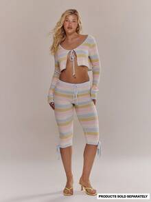 MUSERA Quần lửng cạp chun móc họa tiết kẻ sọc, thích hợp cho mùa xuân hè, dễ thương, nữ tính, đi nghỉ mát, đi biển, mặc hàng ngày, màu kem sorbet. - Nhiều màu - Xem 1