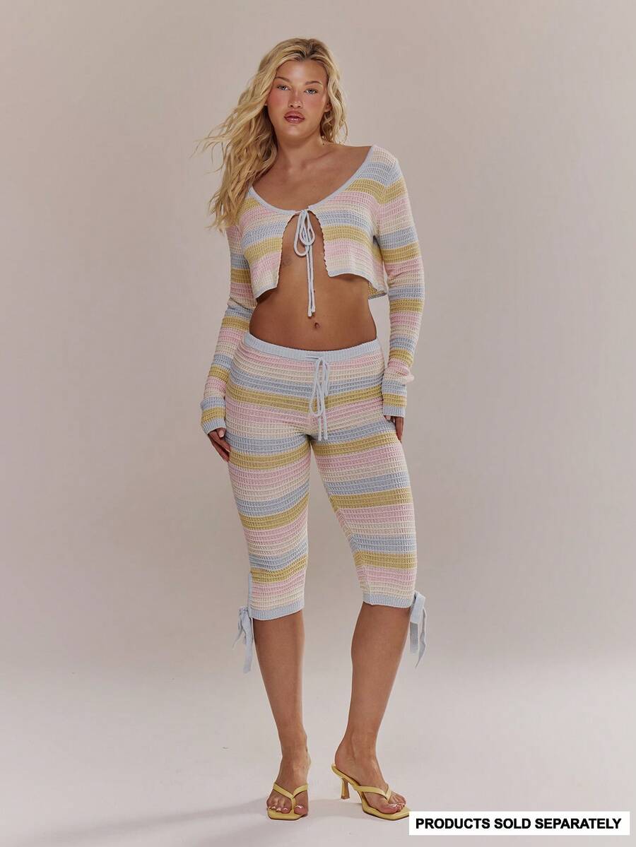 MUSERA Quần lửng cạp chun móc họa tiết kẻ sọc, thích hợp cho mùa xuân hè, dễ thương, nữ tính, đi nghỉ mát, đi biển, mặc hàng ngày, màu kem sorbet. - Nhiều màu - Xem 1