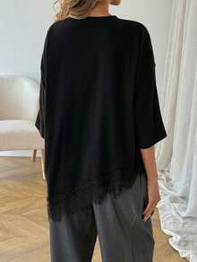 SHEIN Tall CURVE 大码女式休闲纯色不对称下摆蕾丝拼接T恤两件套，春夏日常百搭叠穿T恤，蕾丝边T恤衫，新款女式上衣，夏季服装，夏季穿搭，女士夏季度假装 - 黑與白 - 查看 7
