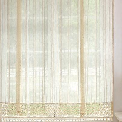 1 Stück, japanischer Vintage-Stil gestreifte transparente Vorhänge mit verstellbarer Raffung und Häkelspitzenbesatz, beige Leinenoptik, halbtransparente Quasten-Pendants, kurze Vorhänge für Küche, Wohnraum, Esszimmer