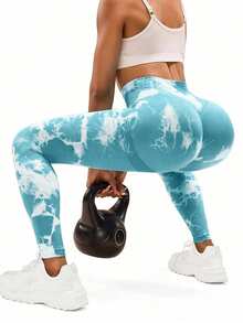 Slayform Quần legging thể thao thoải mái, cạp cao, ôm sát, họa tiết đá cẩm thạch phối màu tương phản, thích hợp cho mùa hè. - Xanh và trắng - Xem 2