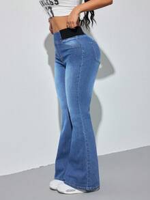 SHEIN PETITE 女款藍色牛仔緊身喇叭褲，舒適高彈力丹寧，夏季辦公穿搭，美人魚風格，適合嬌小女性 - 中等水洗藍 - 查看 5