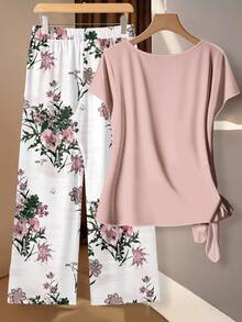 Plus Size Women's Casual Vacation Style Solid Color Batwing Short Sleeve Tie Front Top And Floral Print Wide Leg Pants 2 Piece Set, Spring/Summer - Multicolor - View 2