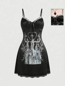 ROMWE Spring/SummergraphicGothic Angel Cross Castle Church Cross Thorn Cyber Rune Heart Lace Satin Women Mini Dress, Spring/Summer, For Valentine's Day - Black - View 7