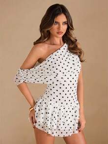 SHEIN BAE Đầm ngắn màu đen thanh lịch với vai lệch, vạt bèo nhún, đầm cocktail đen, đầm đen, thích hợp cho các buổi hẹn hò hàng ngày, tiệc tùng, kiểu dáng thanh lịch dành cho nữ, thích hợp cho các buổi tiệc cocktail, hẹn hò lãng mạn, tiệc tùng, đầm phù dâu, đi chơi tối. - trắng - Xem 4