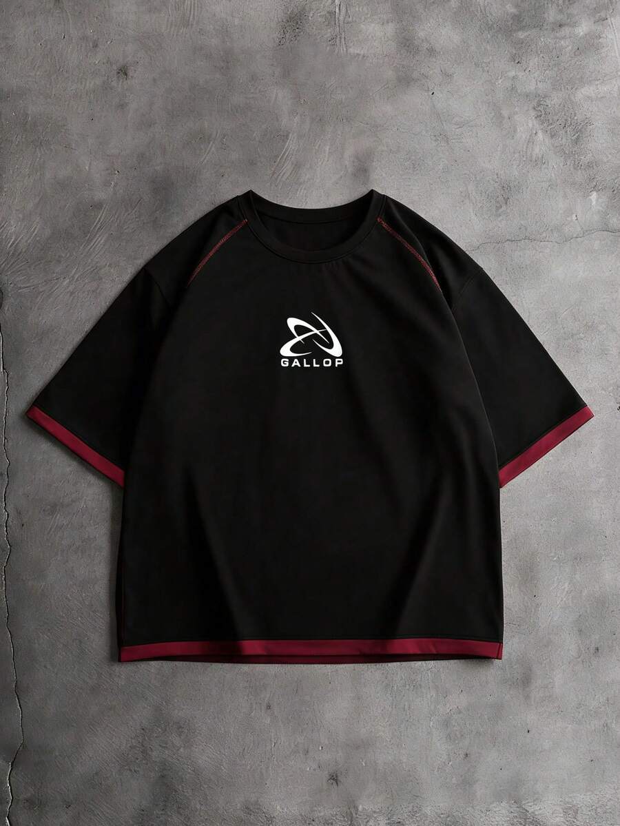 Manfinity EMRG Men's Casual Sports Fashion Daily Commute Letter Print Contrast Stitch Raglan Short Sleeve Ringer T-Shirt, Summer - Black - View 1