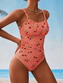 Swim Mod Women's Plaid Cherry Print One-Piece Swimsuit, Suitable For Beach Vacation, Pool Party, Beach Party - Red - View 3