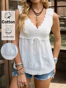 LanaWest 女士夏季新款白色镂空钩编拼接刺绣V领荷叶袖胸前系带蝴蝶结复古波西米亚休闲度假简约日常旅行百搭衬衫 - 白色 - 查看 1