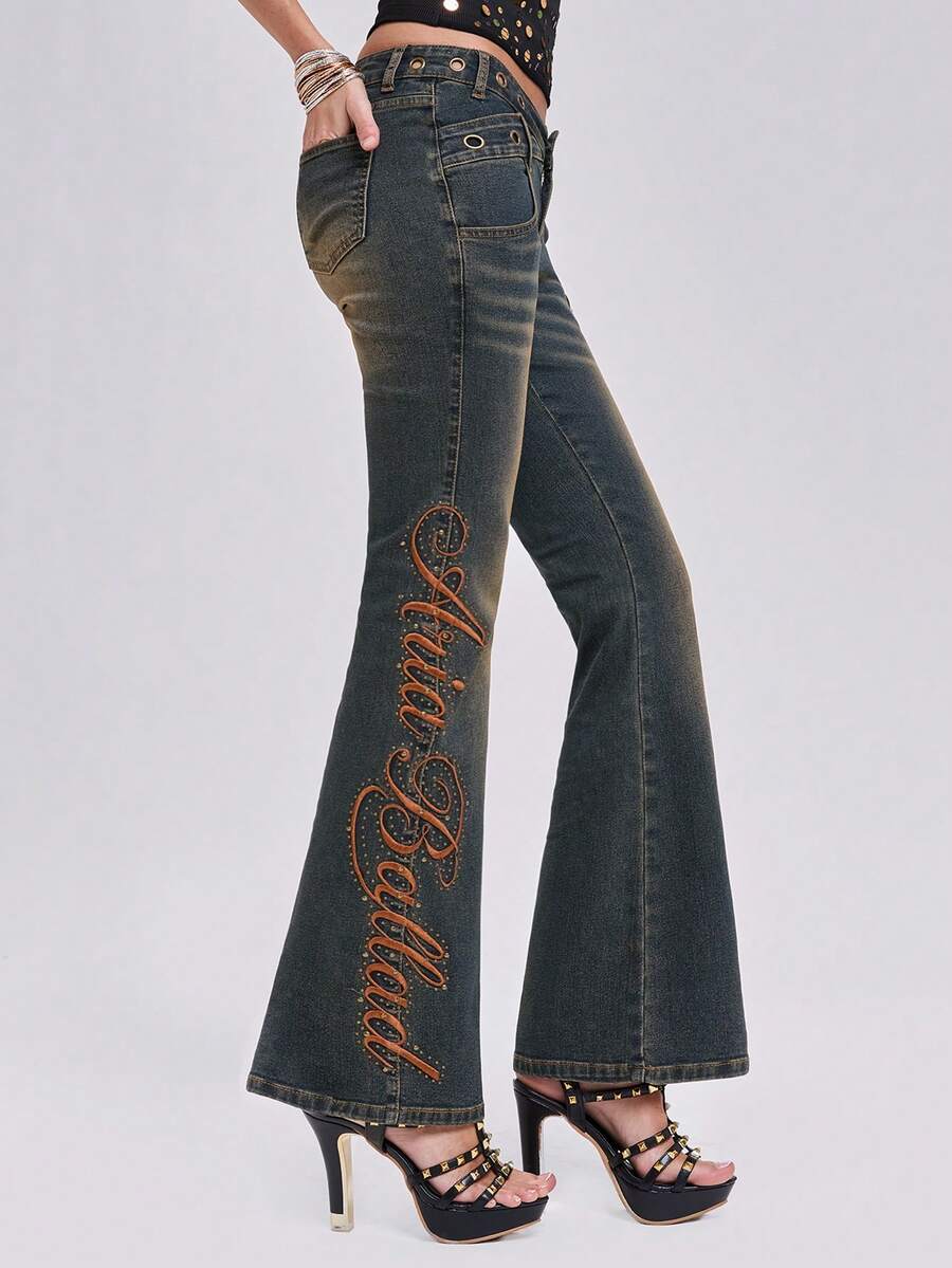 ROMWE Y2K Baddie Music Festival Outfit Low Rise Distressed Skinny Jeans With Slogan Embroidery And Studs - Black - View 1