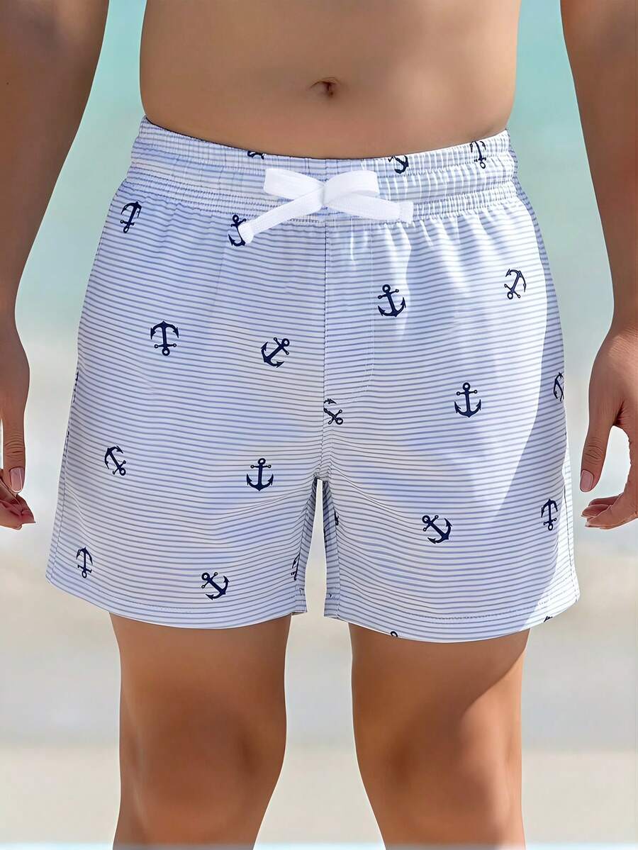 男童泳装,休闲简约度假轻薄蓝色条纹锚印花梭织面料抽绳腰带沙滩短裤,运动风格,适合夏季度假 - 藍白色 - 查看 1
