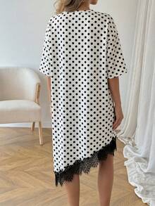 LUNE Vestido de talla media de manga corta con bajo asimétrico, de uso diario, de vacaciones y casual, de unicolor con parches de encaje, de moda básica para mujeres - Blanco y Negro 2 - Ver 3