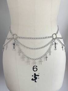 ROMWE 1-Piece Women's Silver Multi-Layer Chain Waist Chain Daily Wear Optional Party Wear Punk Style Goth Style Ins Style Waist Chain Oil Drop Rhinestone Cross Circle Multi-Layer Chain Decorative Aluminum Alloy Multi-Layer Chain Waist Chain - Silver oil cross multi-layer chain waist chain - View 6