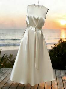 Franclia Đầm không tay màu mơ, thanh lịch kiểu Pháp, chất liệu vải lanh, có thắt lưng. - Màu be - Xem 4