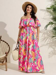 Comfylo Plus Size Women's Leopard Print Off-Shoulder Ruffle Waist A-Line Maxi Dress, Tropical Romantic Casual Western Maxi Dress - Multicolor - View 3