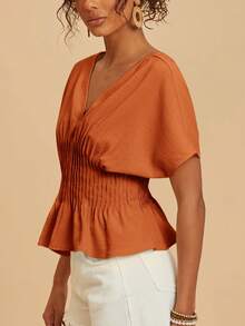 Travachic Women's Solid Color V-Neck Short Sleeve Ruched Waist Summer Top - Burnt Orange - View 7