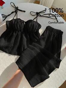 Comfortcana Plus Size 2 Pieces Set: Linen Ruffle Camisole And Wide Leg Pants, Casual Vacation Style, Spring/Summer, Comfortable Cotton Camisole And Long Pants 2 Pieces Set, Cotton 2 Pieces Set, Summer Clothing - Black - View 1