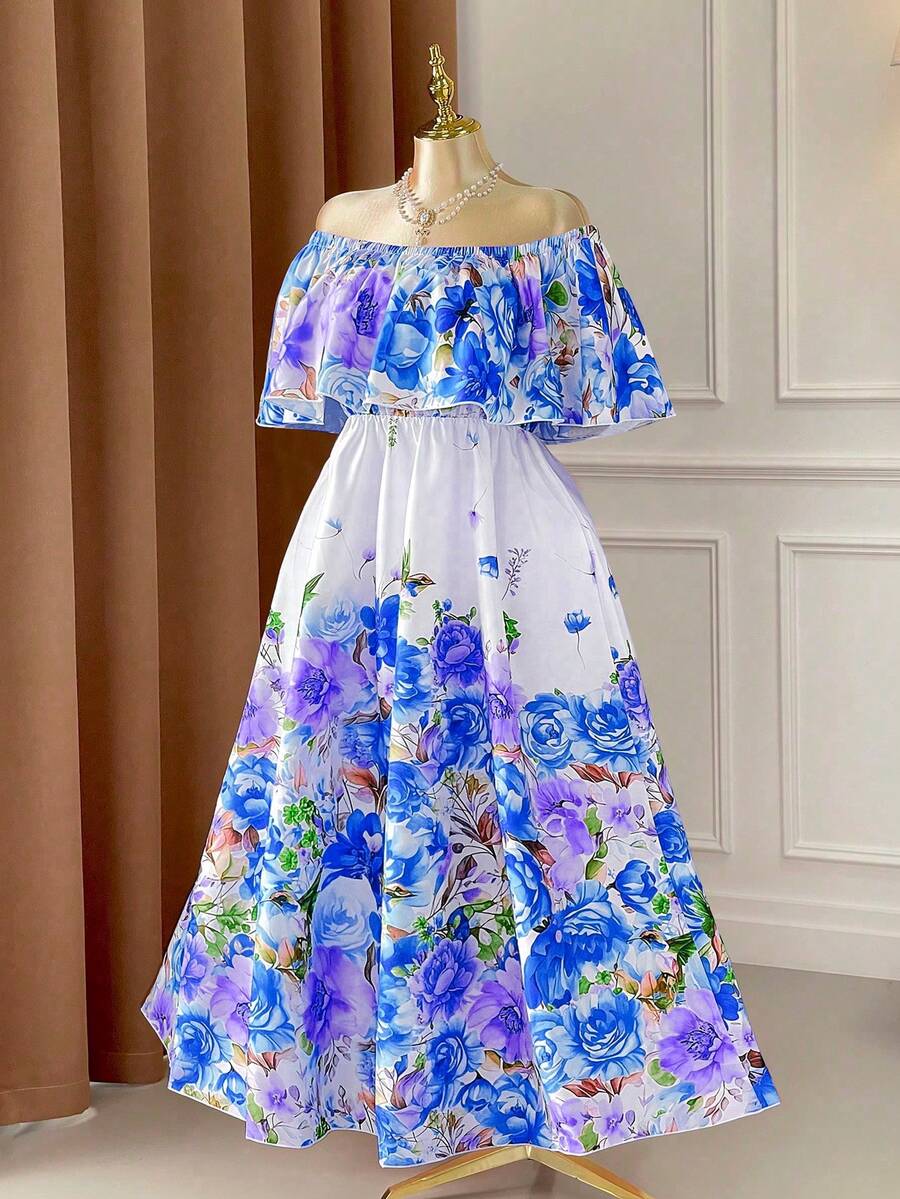 Rometta 大码彩色印花露肩荷叶边收腰喇叭长连衣裙，优雅适合约会、派对、外出、下午茶、度假等场合。 - 彩色 - 查看 1