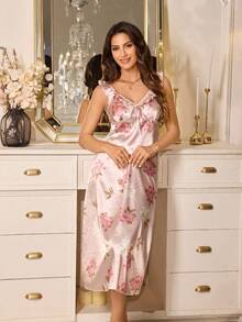 LuxeNights Floral Imitation Silk Ruffle Hem Women's Nightgown - Multicolor - View 6