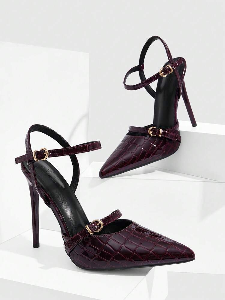 CUCCOO SZL Women Shoes Women's Pointed Stiletto Burgundy Embossed Glossy Ankle Strap Buckle Temperament Elegant Fashion Sexy Women's High Heels Shoes Slingback Shoes Suitable For Parties, Parties, Banquets And Other Occasions Women's Shoes