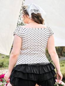 ROMWE Kawaii 大码女式 V 领蝴蝶结装饰撞色波尔卡圆点休闲 T 恤，迷人夏季上衣 - 杏色 - 查看 6
