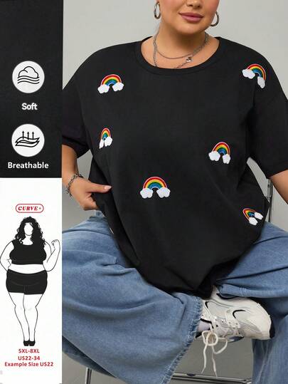 SHEIN CURVE+ Plus Size Black Loose T-Shirt / Pride Month / Plus Size Women's Round Neck Short-Sleeved Loose Embroidered T-Shirt