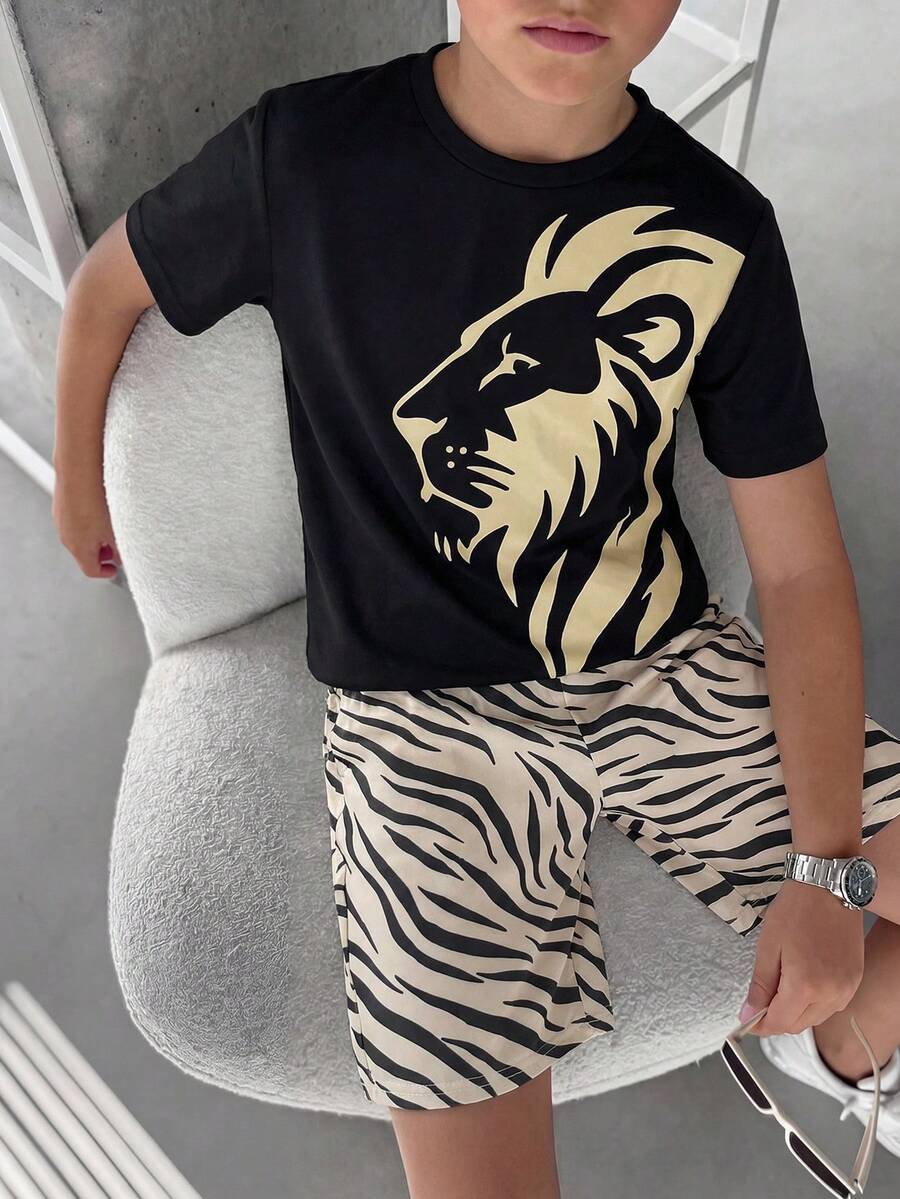 SHEIN 2pcs/Set Tween Boy Casual Minimalist Lion Graphic Print Short Sleeve Crew Neck T-Shirt, Lion Print Set, Suitable For Summer