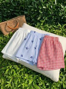SHEIN Bộ 3 quần short ống đứng kẻ sọc dệt kim phong cách đường phố thường ngày dành cho bé gái tuổi teen. - Nhiều màu - Xem 3