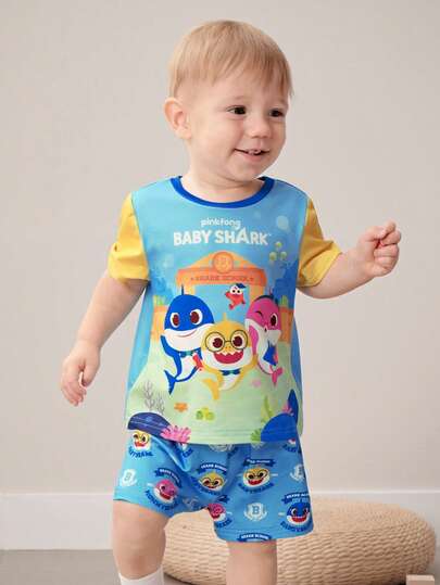 BABY SHARK X SHEIN Ensemble pyjama bébé garçon avec t-shirt à col rond à manches courtes et short imprimé mignon de requins, méduses et motifs océaniques