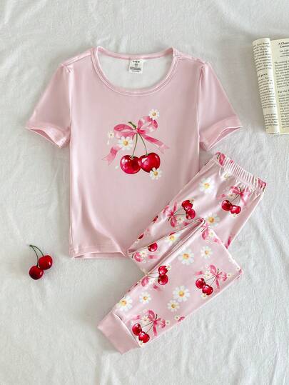 SHEIN 两件套少女修身休闲套装 - 粉色樱花蝴蝶结印花短袖上衣和撞色裤子