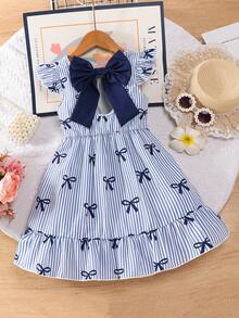 SHEIN Playful Pals 女童优雅条纹蝴蝶结印花圆领喇叭袖露背蝴蝶结装饰腰部荷叶边下摆休闲时尚连衣裙，适合度假旅行，夏季穿着 - 藍色 - 查看 2