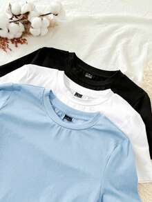 Set Of 3 Slim-Fit Long-Sleeved T-Shirts With Round Neck, 95% Cotton, Minimalist And Casual Style For Women - 多色 14 - 查看 5