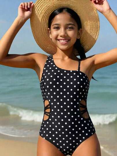 Tween Girl Spring/Summer New Leopard Print Off-Shoulder One-Piece Swimsuit, Cute Hollow-Out Vacation One-Piece Swimsuit, Beach Holiday, Surfing Outfit