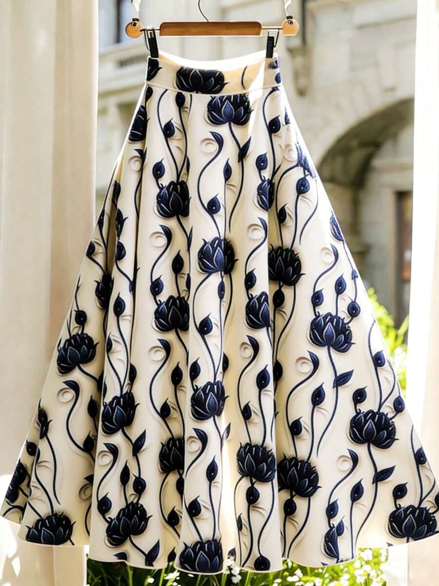 SHEIN PETITE 女士夏季长款连衣裙，蓝色碎花印花，海滩度假装 - 藍色 - 查看 1