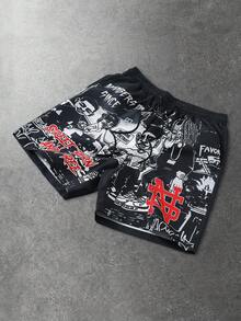 ROMWE MEN Street Life Men's Printed Woven Shorts, Suitable For Spring And Summer - Black - View 7