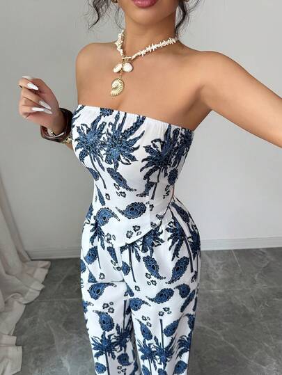 Rafferiza Women's X-Shaped Floral Print Cinched Waist Tube Top & High Waist Adjustable Elastic Straight Leg Floral Print Wide Leg Pants Set, Romantic Vacation Outfit